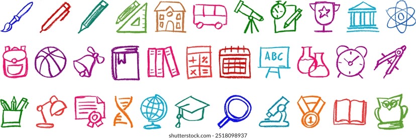 School Related Icons Crayon Chalk Drawing Vector Set