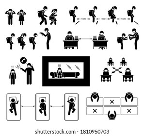 School Reopen SOP Standard Operating Procedures During Coronavirus Covid-19. Vector Icons Of SOP Guidance And Guidelines For School, Students, And Teachers To Avoid Coronavirus Infection.