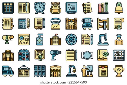 School reopening icons set outline vector. Study class. Family health color flat isolated