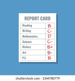 school report card with B C D grades, flat design vector illustration