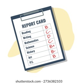 school report card with B C D grades, subjects list in clipboard, education result, flat style illustration
