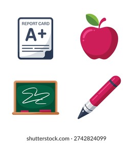 School report card A grade, red apple, chalkboard and pencil icons for back to school, teacher resources, education day