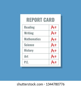 school report card with A plus grades, flat design vector illustration