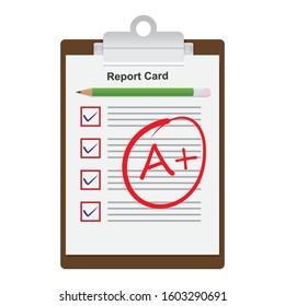 School Report Card With A Plus Grades, Flat Design Vector Illustration
