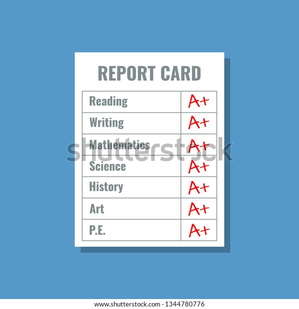 school report card with A plus grades, flat\
design vector\
illustration