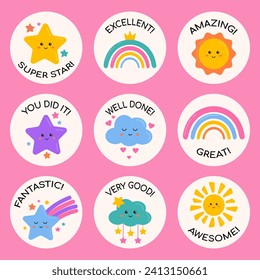 School reward stickers collection, encouragement labels, badges for kids, pupils. Useful for teachers, learning motivation, awesome homework, well done, great job, good job. Rainbow, sunny, clouds.