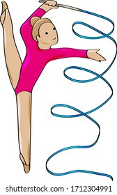 school of rhythmic gymnastics, a little gymnast does an exercise with a ribbon