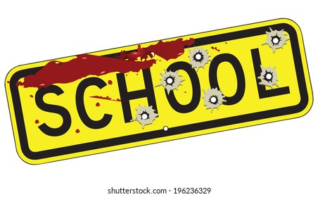 School road sign with traces of bullets and blood. Vector illustration.
