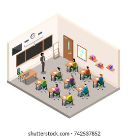 A School Room For Study, A Classroom With Desks And A School Board, A Modern Class In Isometric Style, The Teacher Conducts An Examination Among Schoolchildren