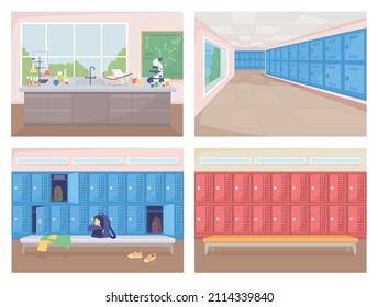 Escolares de color plano conjunto de ilustraciones vectoriales. Laboratorio de química con equipo para experimentos. Filas de casilleros. Interior de dibujos animados 2D vacío con muebles sobre la colección de fondo