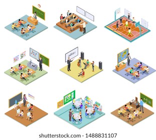 School rooms isometric. Library dining room lecture classroom gym sports hall toilet college university interior furniture 3d vector