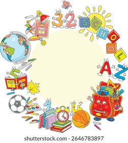 School round frame border with educational objects and funny cartoon characters, vector illustration on a white background