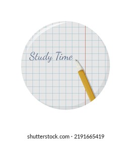 School round sticker, checkered notebook, study time text and pen. Vector illustration.