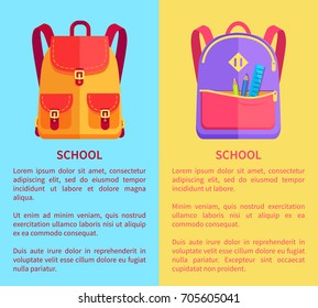 School rucksacks for boys and girls in orange and purple colors with big pockets and metal fasteners vector illustrations with text