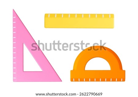 School ruler for drawing 3d. Plastic rulers different colors, isolated realistic office supplies. Items for measuring distance, triangle, protractor, vector set