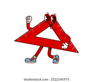 Carácter groovy de la Regla de la escuela. Elemento de medición educativo de Vector de dibujos animados aislado para aprender geometría o matemáticas. Retro herramienta de transportador rojo, nostálgico, de la vieja escuela, personaje del aula con cara sonriente