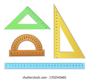 School ruler set, study and measurement tool. Colorful stationery. Vector realistic ruler illustration isolated on white background