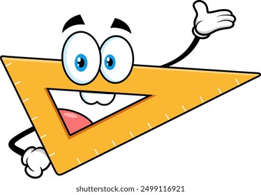 School Ruler Triangle Cartoon Character Waving For Greeting. Vector Hand Drawn Illustration Isolated On Transparent Background