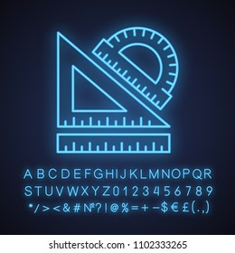 School rulers neon light icon. Protractor, ruler and transparent. Glowing sign with alphabet, numbers and symbols. Vector isolated illustration