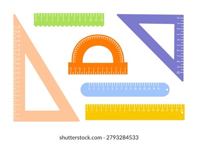 School rulers set, triangular, protractor measuring instruments for maths lessons hand drawn colorful vector illustration, back to school vocabulary object, centimetre scale doodle clipart