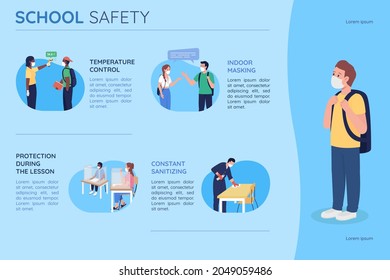 School safety flat color vector infographic template. Protection for students. Poster with text, PPT page concept design with cartoon characters. Creative data visualization. Info banner idea