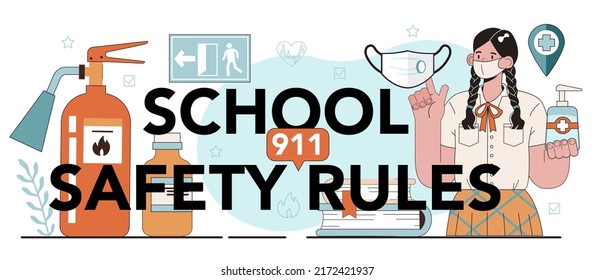 School safety rules typographic header. Idea of healthy lifestyle and health care education. Basic life safety, traffic rules, first aid, virus prevention. Flat vector illustration