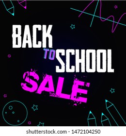 School sale advertising. Neon on a dark background