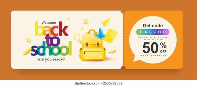School sale banner with colorful back to school text yellow backpack and discount coupon code on warm orange background