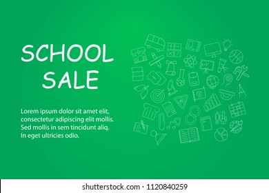 School sale banner with line icon on blackboard. Design template for banner, poster. Vector illustration