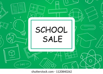 School sale banner with line icon on blackboard. Design template for banner, poster. Vector illustration