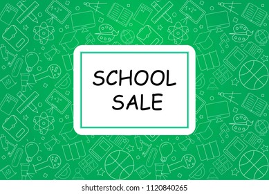 School sale banner with line icon on blackboard. Design template for banner, poster. Vector illustration