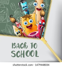 School sale cartoon characters Vector watercolor. Notebook pen and ruler funny characters illustration watercolor style