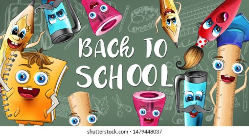 School sale cartoon characters Vector watercolor. Notebook pen and ruler funny characters illustration watercolor style