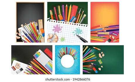 School Sale Collection Creative Posters Set Vector. Ruler And Eraser, Different Color Pencils And Pens, Sharpener And Paint Brush Pupil School Equipment. Concept Layout Realistic 3d Illustrations