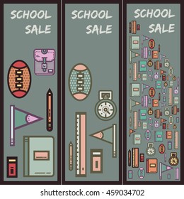 School sale set of flat banners. Vector template with school object.