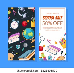 School Sale Special Offer Flyer Template with School Supplies Seamless Pattern, Leaflet, Menu, Coupon, Banner, Poster Cartoon Vector Illustration