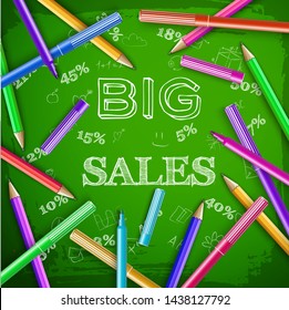 School sale template with hand drawn inscription elements colorful pencils marker pens on green chalkboard vector illustration