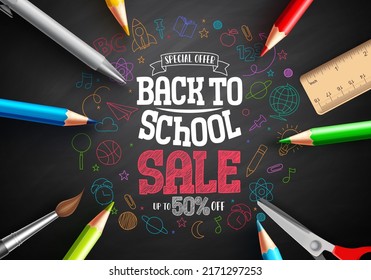 School sale vector banner design. Back to school text in colorful hand drawn education supplies for promotion discount background. Vector Illustration.  
