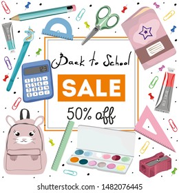 School sale vector banner with school supplies set and lettering sale text in white background for education school shopping promotion. First day of school vector illustration.