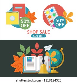 School sale. Vector colorful illustration. Set of school supplies and autumn leaves. Poster for the stationery store and school supplies at the time of sale.