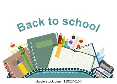 School. Satchel and school supplies. Icons set. Vector illustration