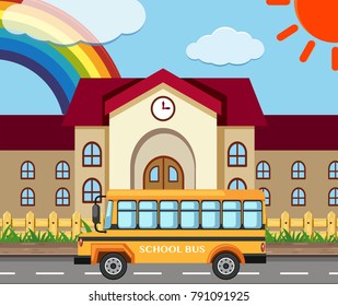 Escenario escolar con ilustración de edificios y autobuses