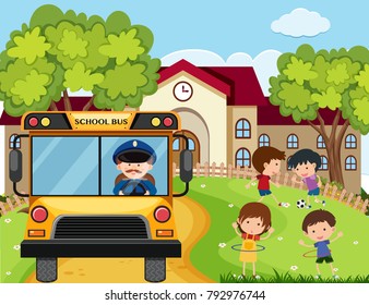 Escena escolar con conductor de autobús y niños en la ilustración del parque