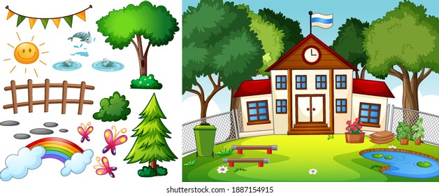 School scene with isolated cartoon character and objects illustration