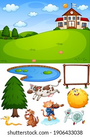 School scene with isolated cartoon character and objects illustration