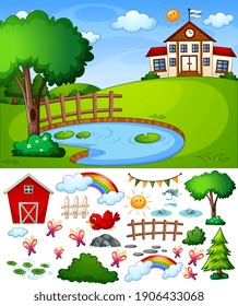 Escena escolar con dibujos aislados de caricaturas y objetos ilustrativos