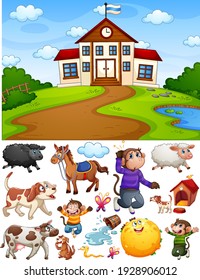 School scene with isolated cartoon character and objects illustration
