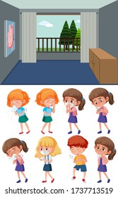 School scene and set of sick children on white background illustration