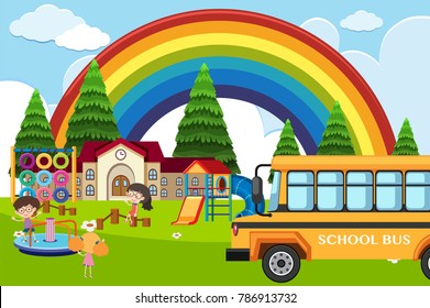 Escenario escolar con estudiantes e ilustración de autobús
