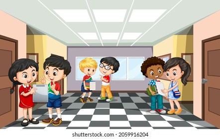 School scene with students cartoon character illustration